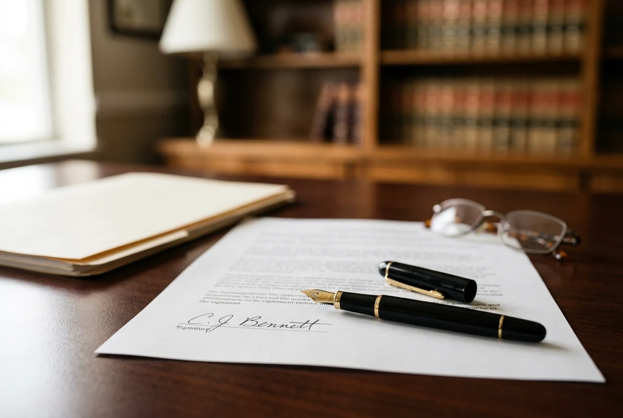 Signed legal document on a desk with a fountain pen resting on the page