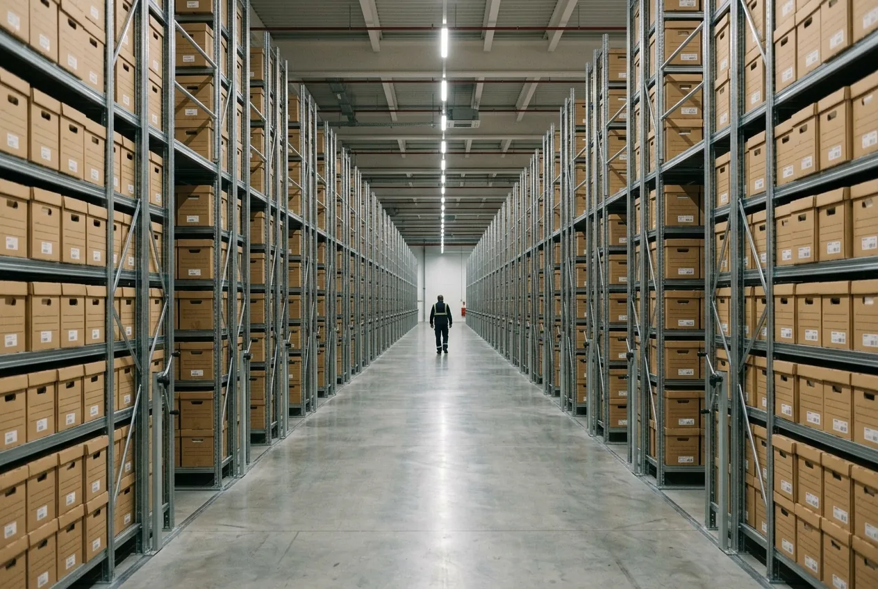 Aisle of archive cartons on steel shelving in a secure records storage facility