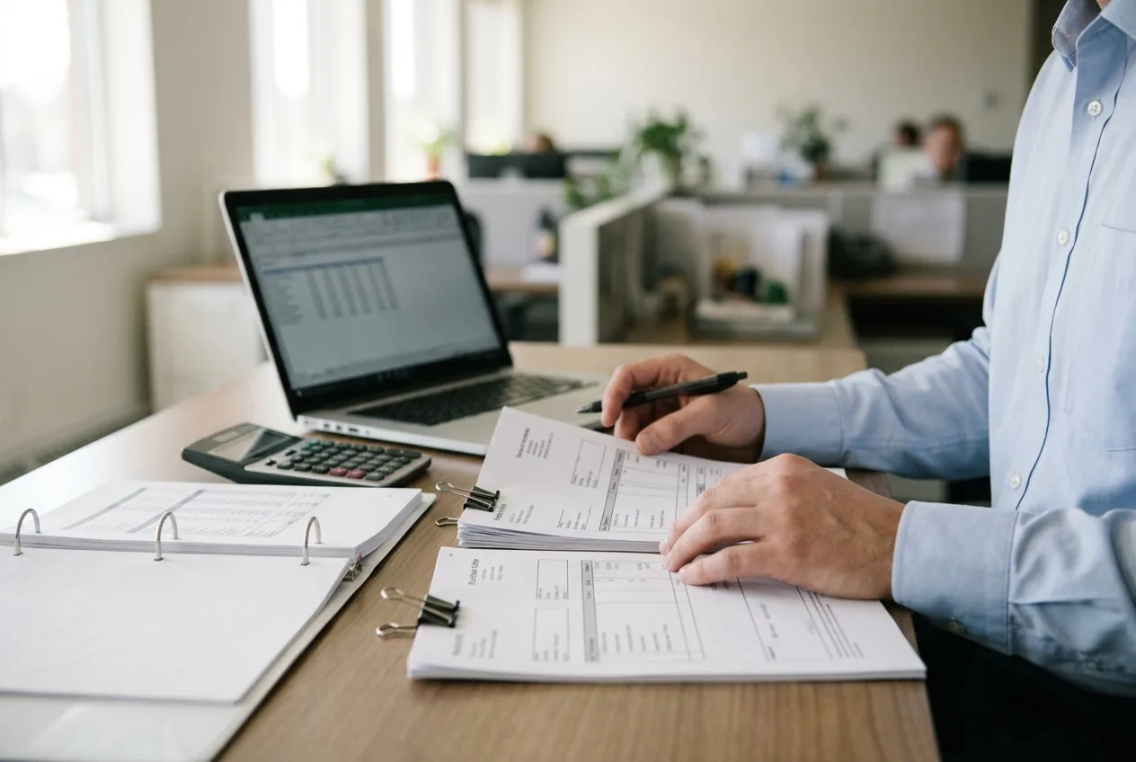 Accounts payable clerk cross-checking invoices against a purchase order at a finance desk